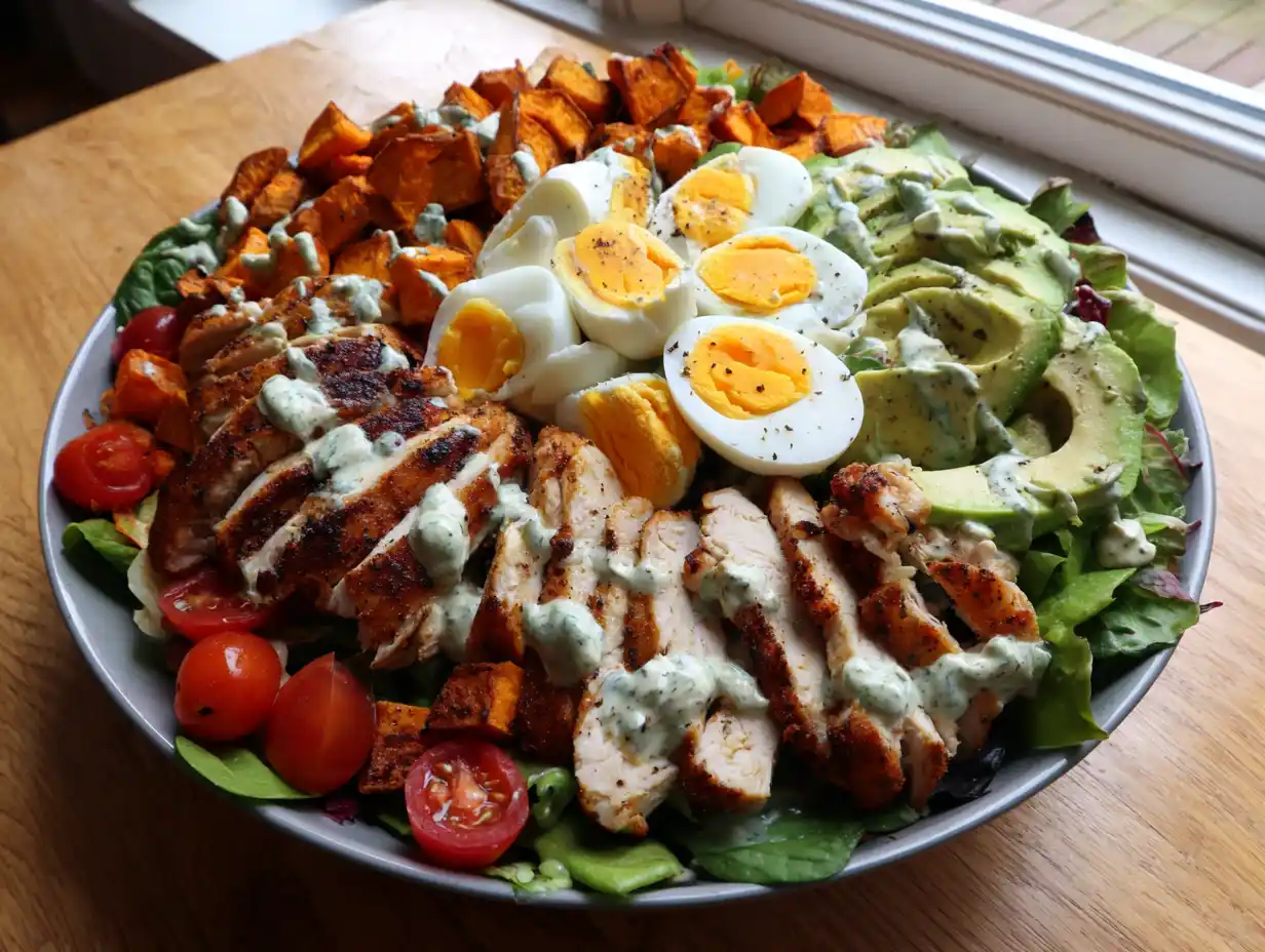 Matig sallad i djup skål med stekta kycklingbitar, avokado, tomater och parmesan, naturligt ljus