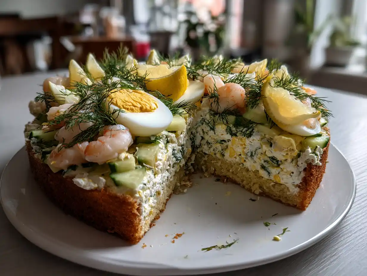 maxi smörgåstårta på fat med räkor, gurka, dill, citron och ägghalvor i tydliga lager.