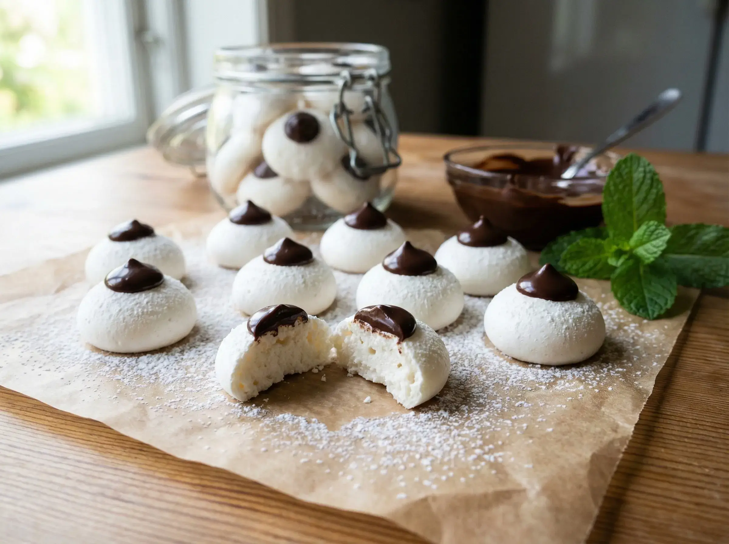 Hemgjorda mintkyssar dekorerade med en blank droppe mörk choklad ligger prydligt uppradade på ett vackert bakplåtspapper.