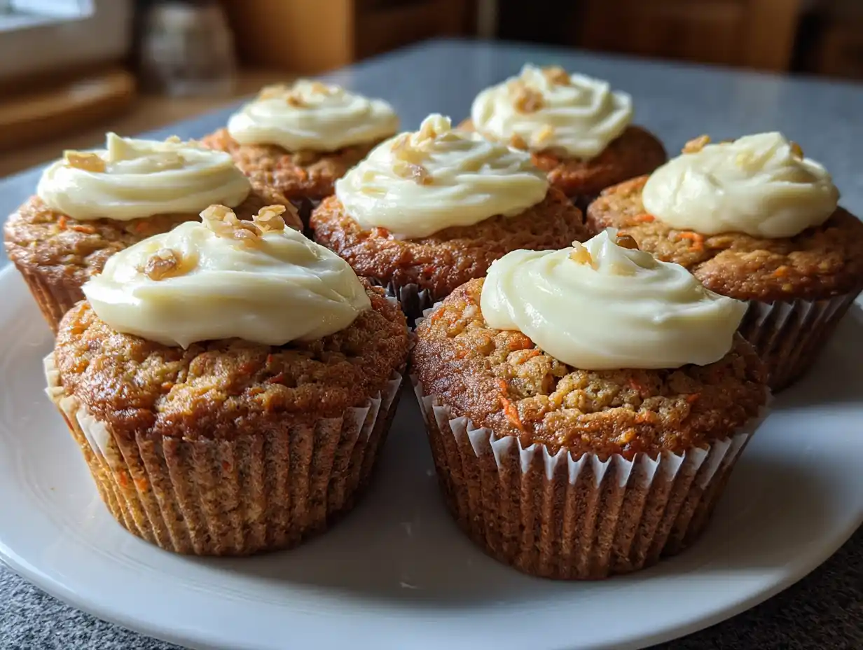morotskaka muffins med mjuk frosting, riven morot och lätt gyllene topp på fat i enkel hemmamiljö.