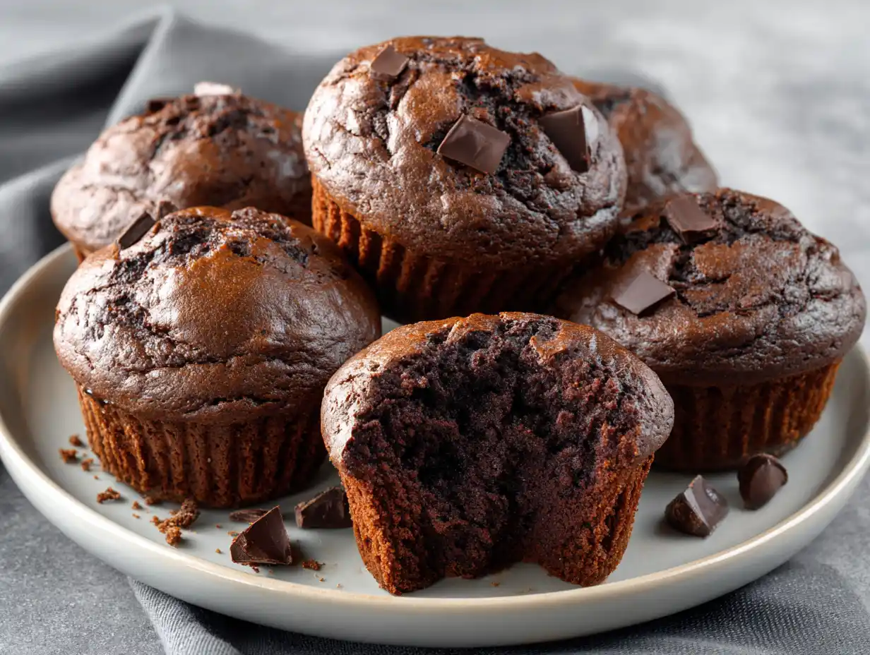 muffins choklad på fat med sprucken topp, mjuk smula och små bitar av choklad i ytan.