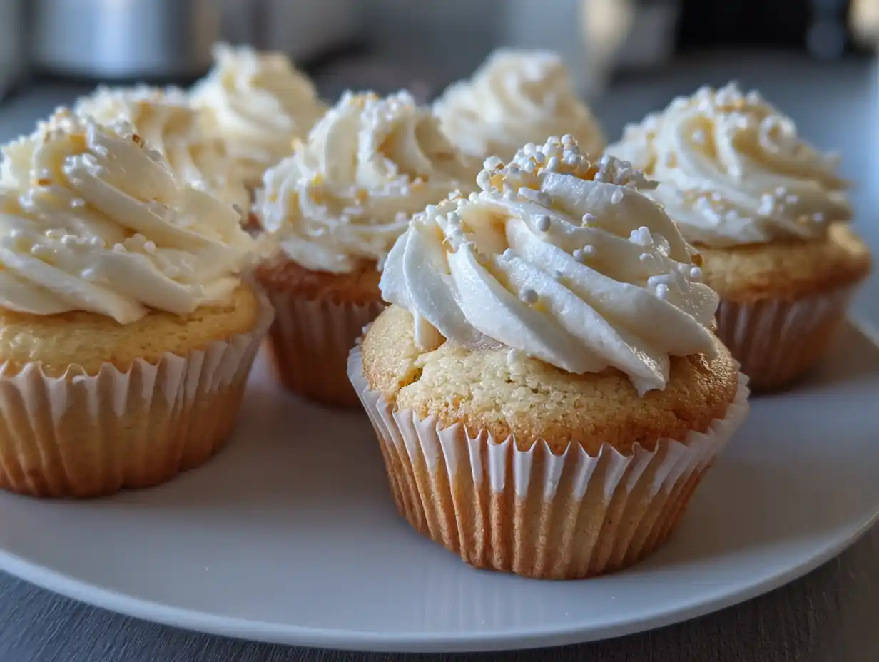 muffins med frosting på fat med mjuk vaniljbotten och krämig topping i enkel hemmamiljö.