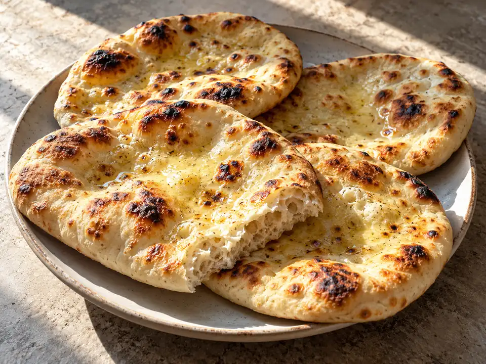 naanbröd med gyllene skorpa och tydlig hembakad struktur serverat på ett enkelt ljust keramikfat