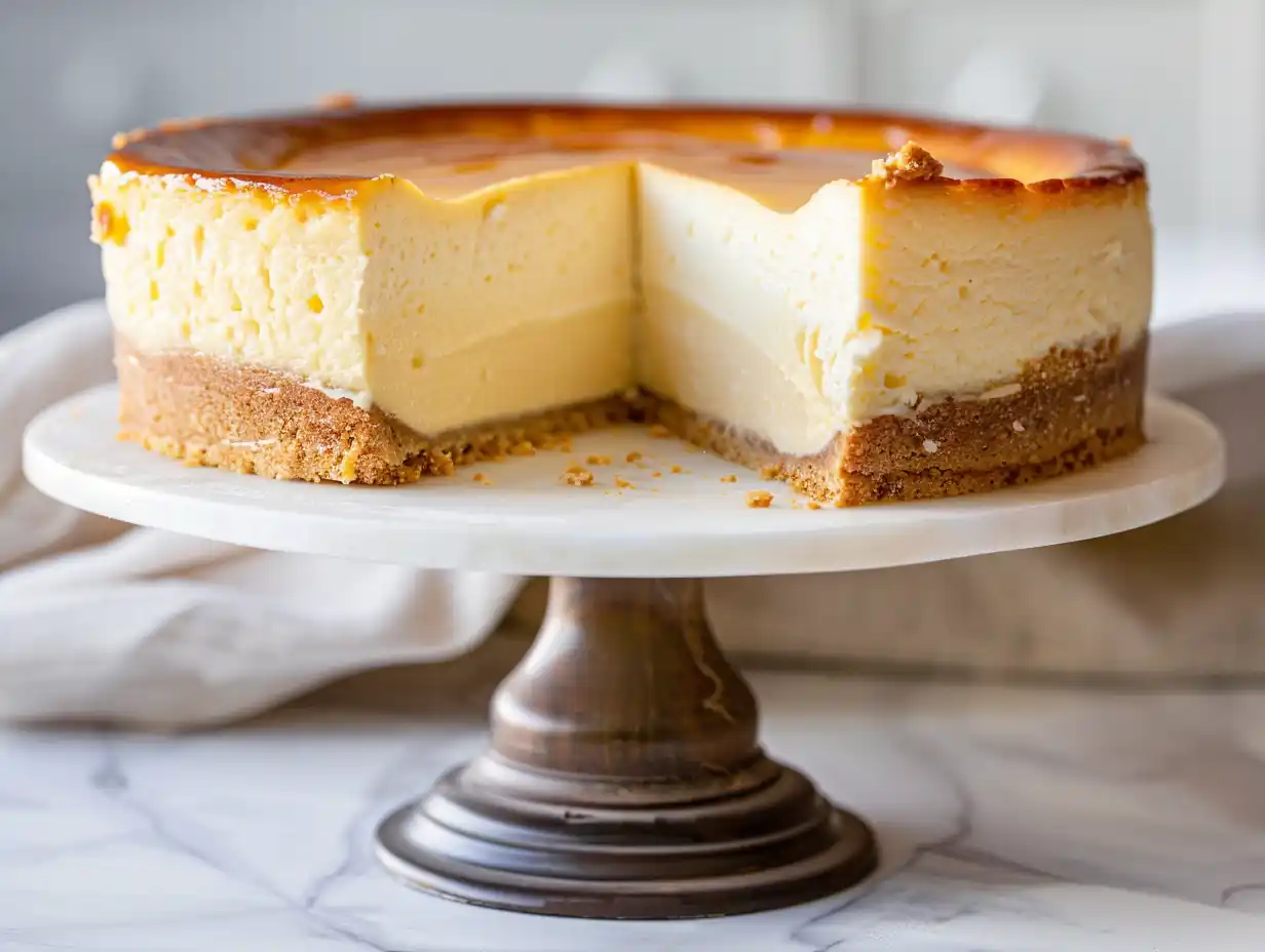 new york cheesecake på fat med ljus gyllene yta, hög kant och krämig fyllning i rena skivor.