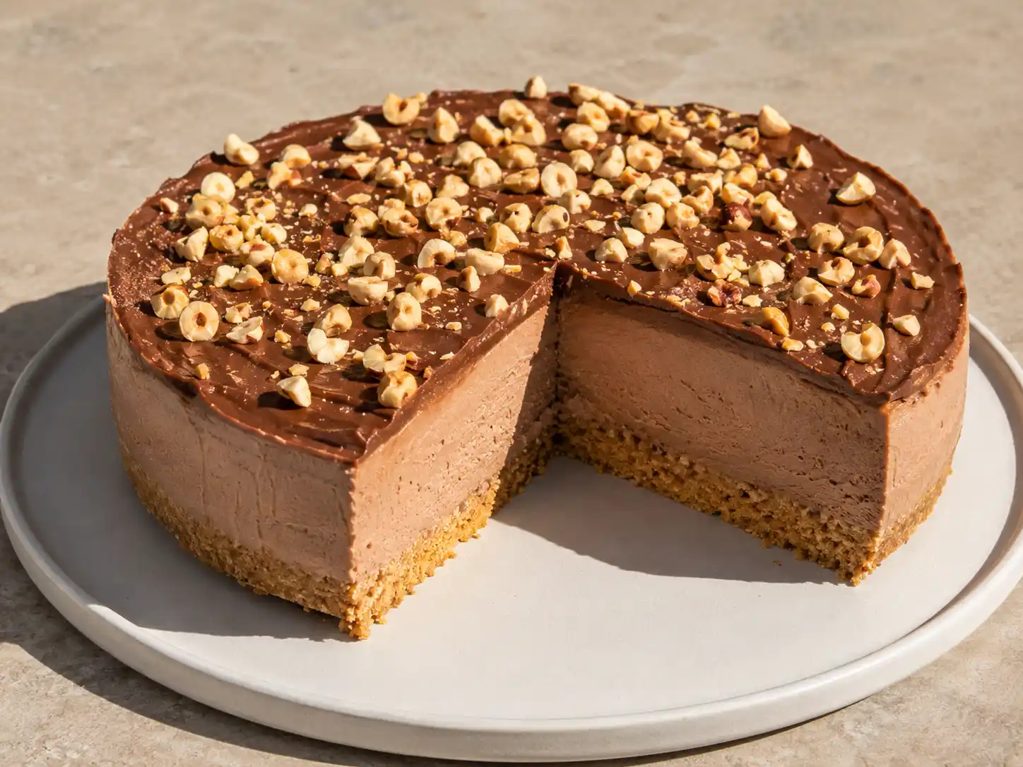 nutella cheesecake med mörk fyllning, kexbotten och hackade hasselnötter på enkel tallrik