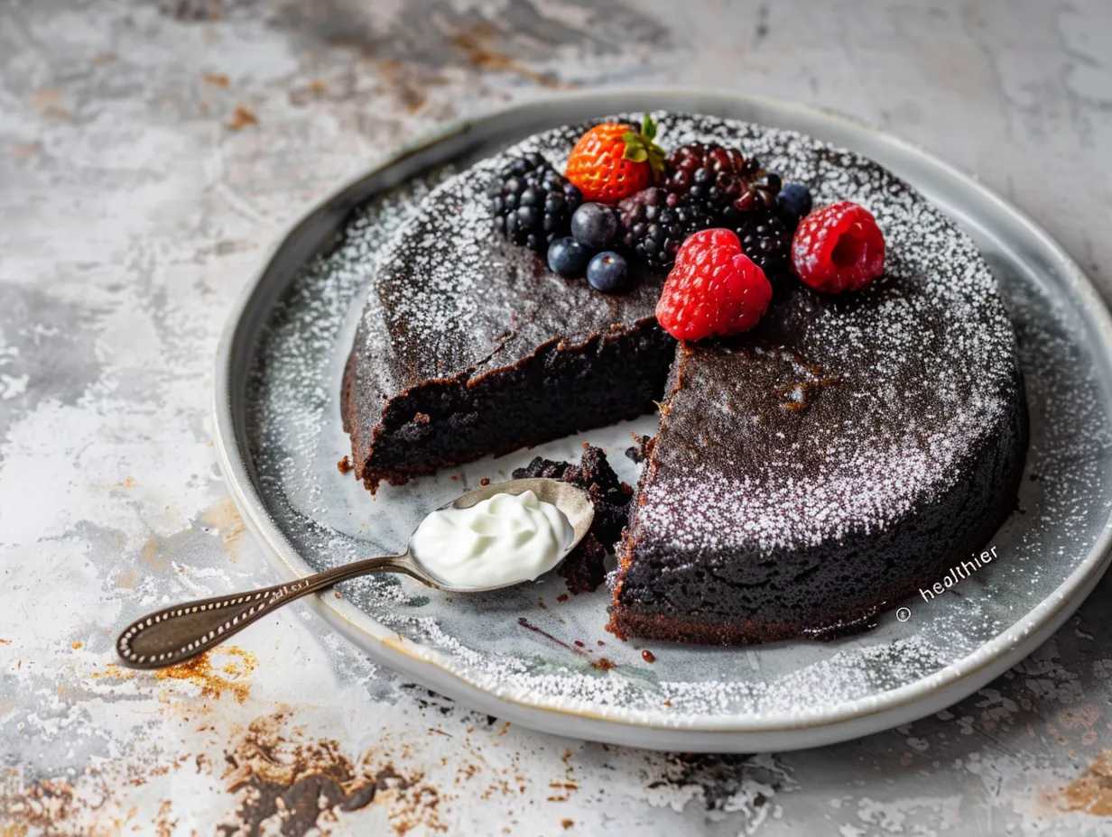 Nyttig kladdkaka i form med blank kladdig yta, skuren i bitar och serverad med bär.
