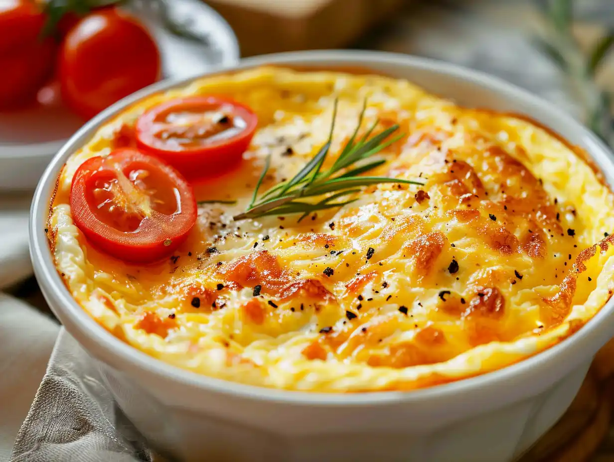 Omelett i micro i en skål, fluffig och mjuk med lite peppar på toppen, redo att ätas direkt.