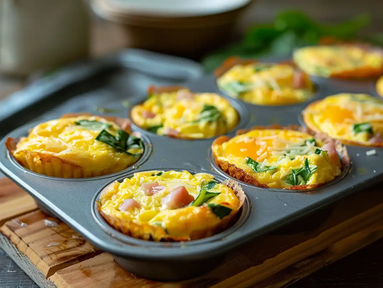 Omelett i muffinsformar med gyllene toppar och saftig mitt, redo för frukost och meal-prep.