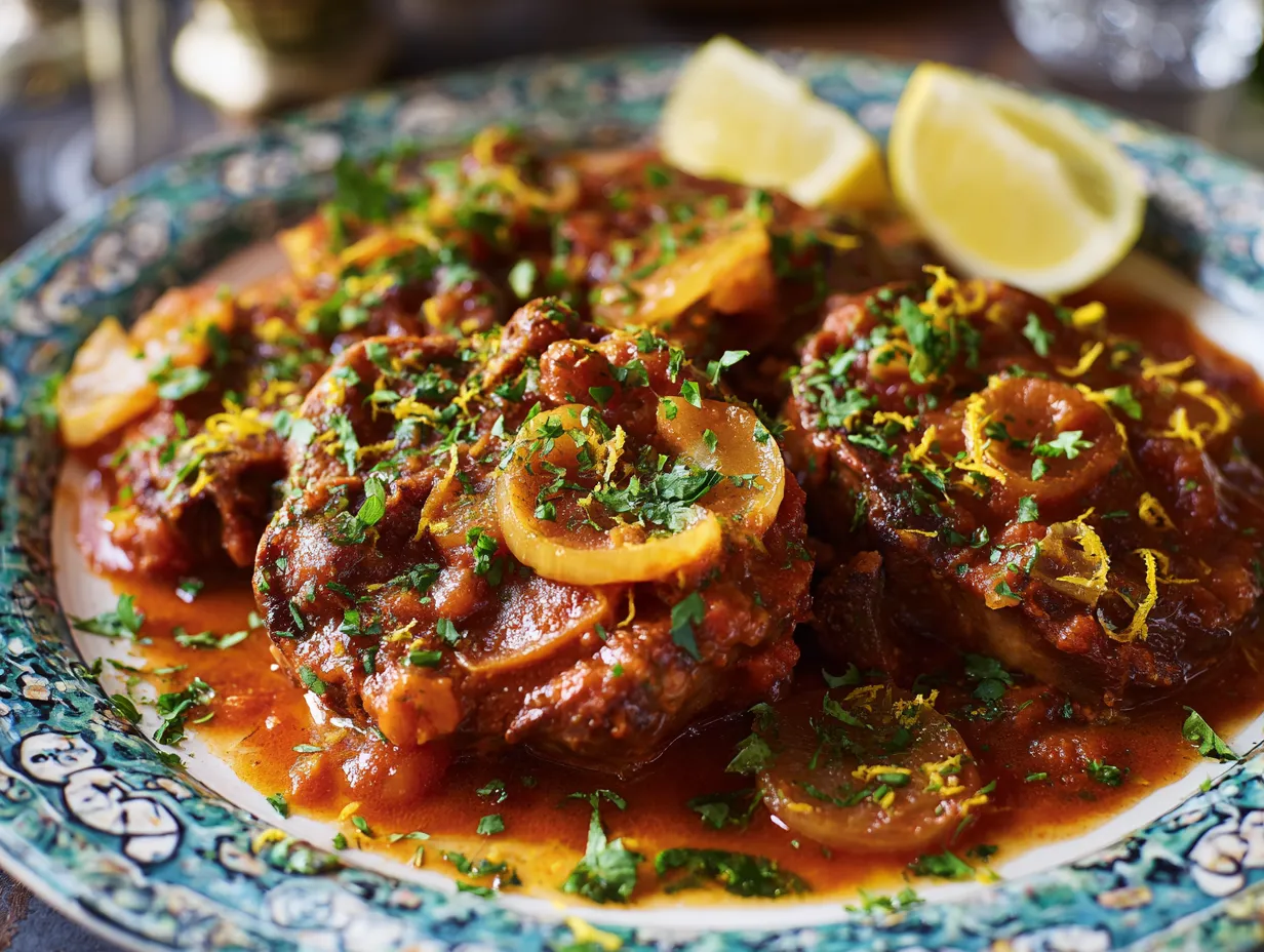 Mustig Osso buco med mör kalvlägg och färsk gremolata serverad i en rustik gryta med tomatsås.