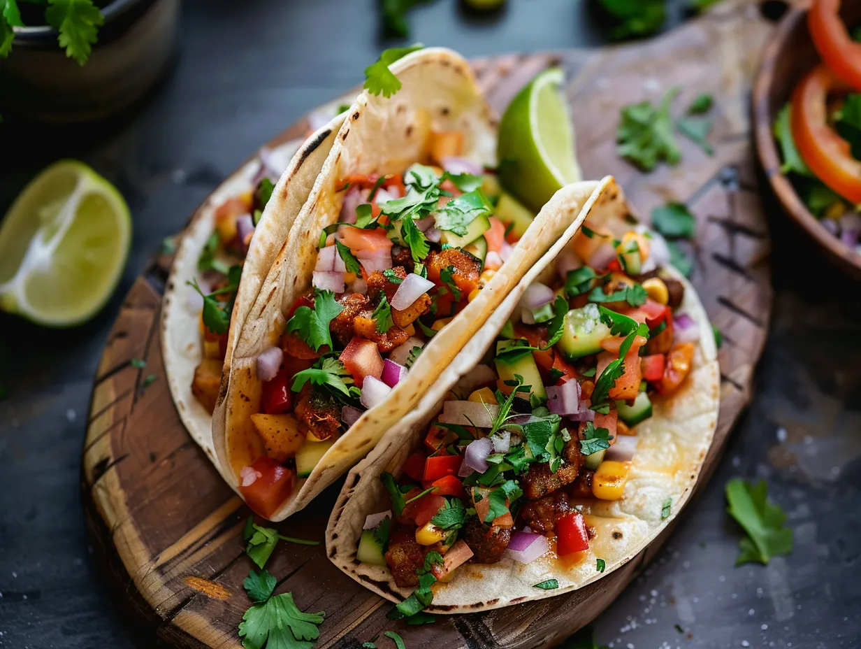 En närbild på färgstarka Oumph tacos med lime fyllda med krispig sallad, tomater och toppade med färsk koriander och sås.