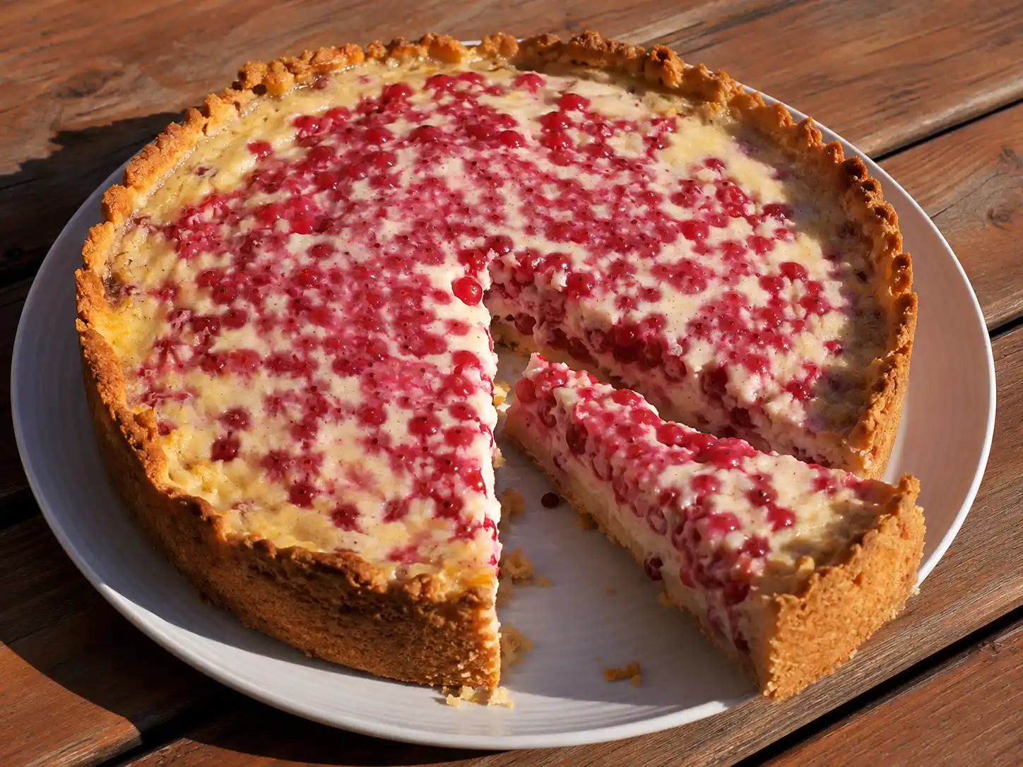 paj med röda vinbär och creme fraiche med gyllene kant och krämig rosa fyllning på vit tallrik