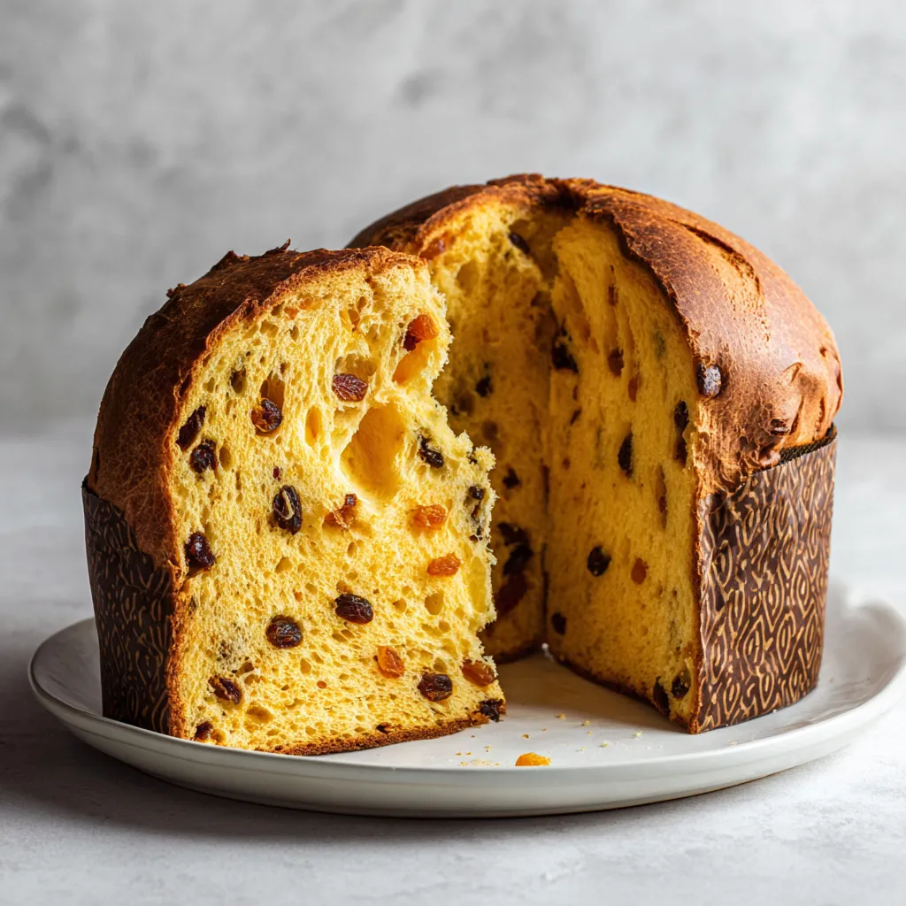 En ståtlig och gyllenbrun Panettone pudrad med florsocker på ett vackert fat, redo att serveras till jul.