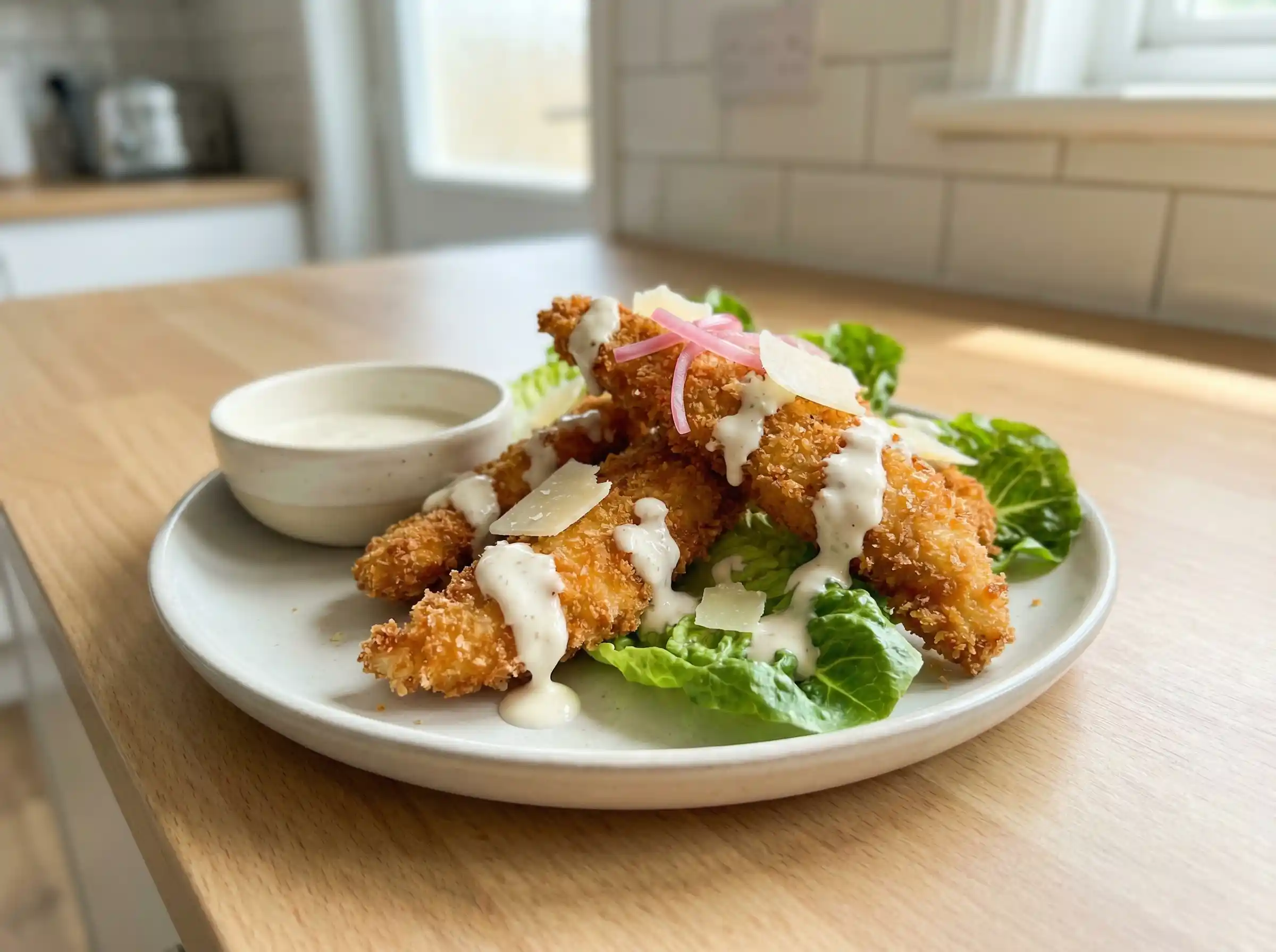 pankofriterad kyckling serverad på krispiga gemsalladsblad med krämig caesardressing och gyllene pankopanering