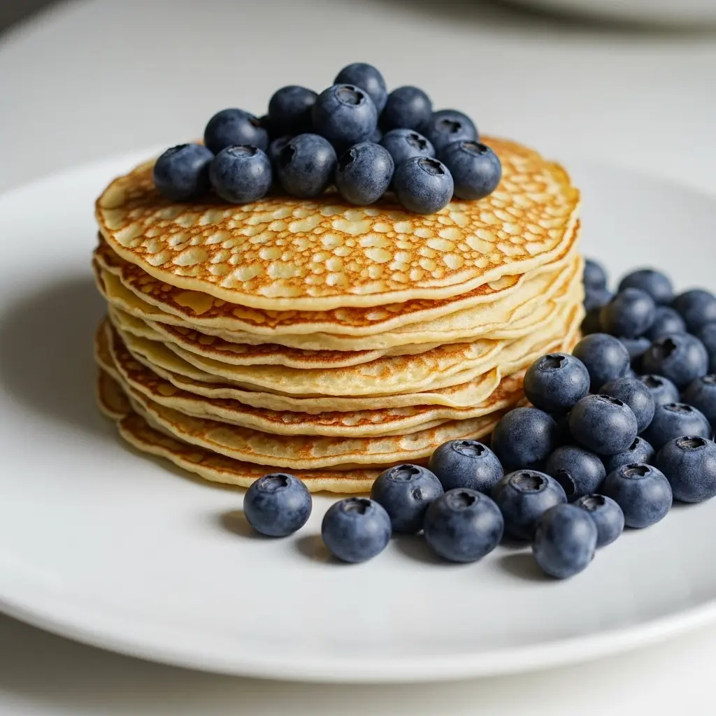 Pannkakor med vaniljsocker - gyllene pannkakor med vaniljaromat serverade med blåbär och vispad grädde på tallrik