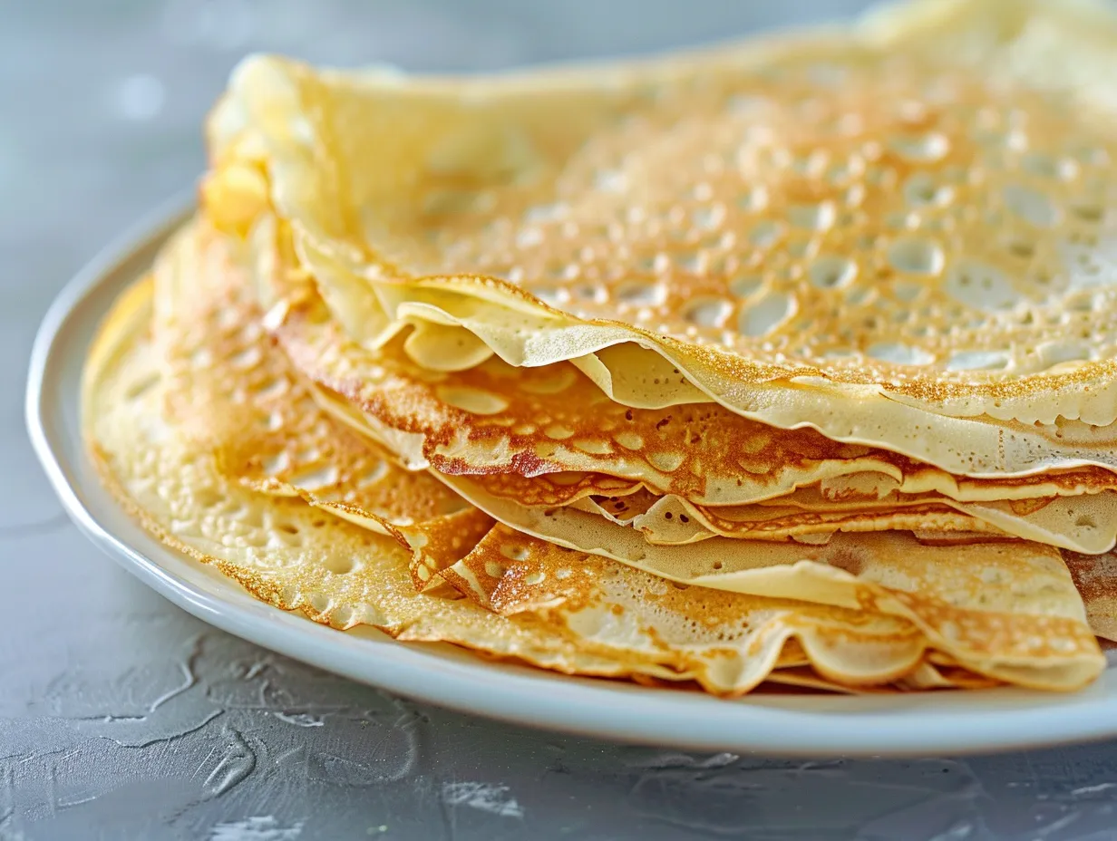 En hög stapel med nystekta pannkakor recept toppade med färska bär och pudrat socker på ett träbord.