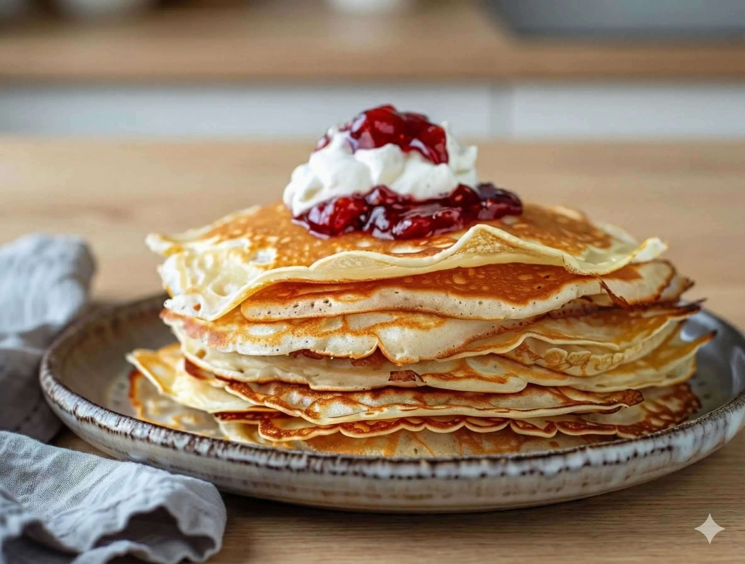 En trave nystekta klassiska pannkakor serverade med jordgubbssylt och lättvispad grädde på en rustik tallrik.