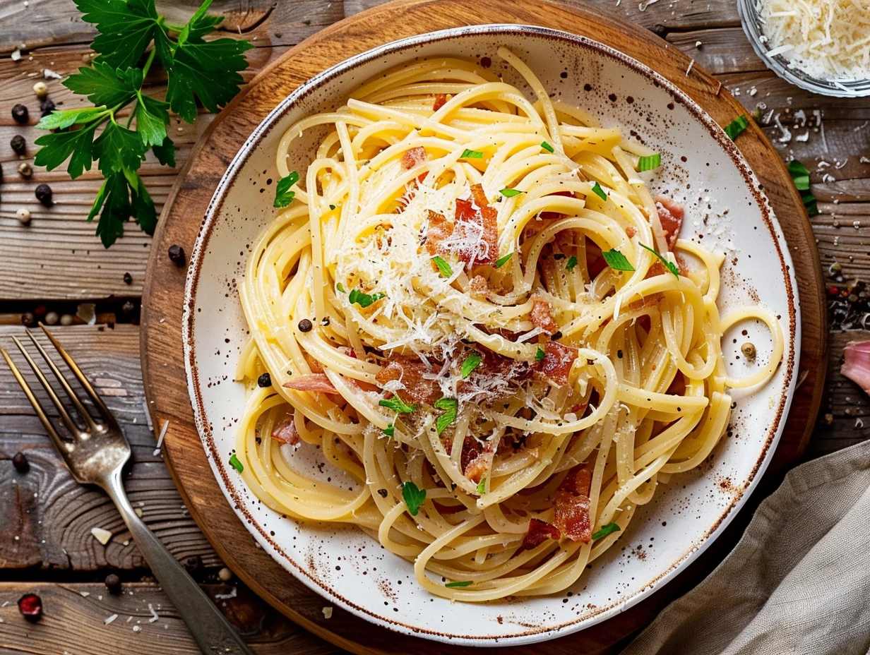 Pasta carbonara med krispigt bacon och parmesan