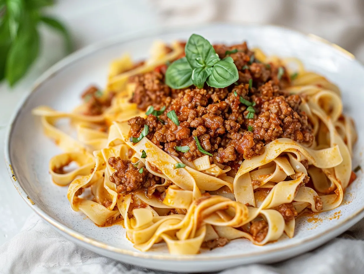 En rykande varm tallrik med pasta med köttfärssås toppad med färsk basilika och rikligt med riven parmesanost på ett rustikt bord.