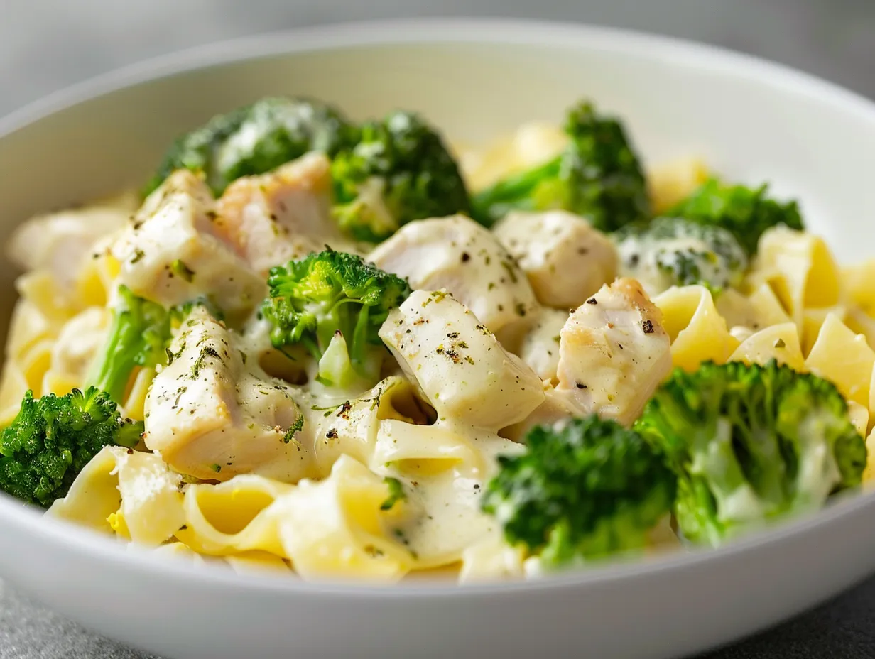 En närbild på krämig pasta med kyckling och broccoli serverad i en djup tallrik med rykande varm gräddsås och riven parmesan.