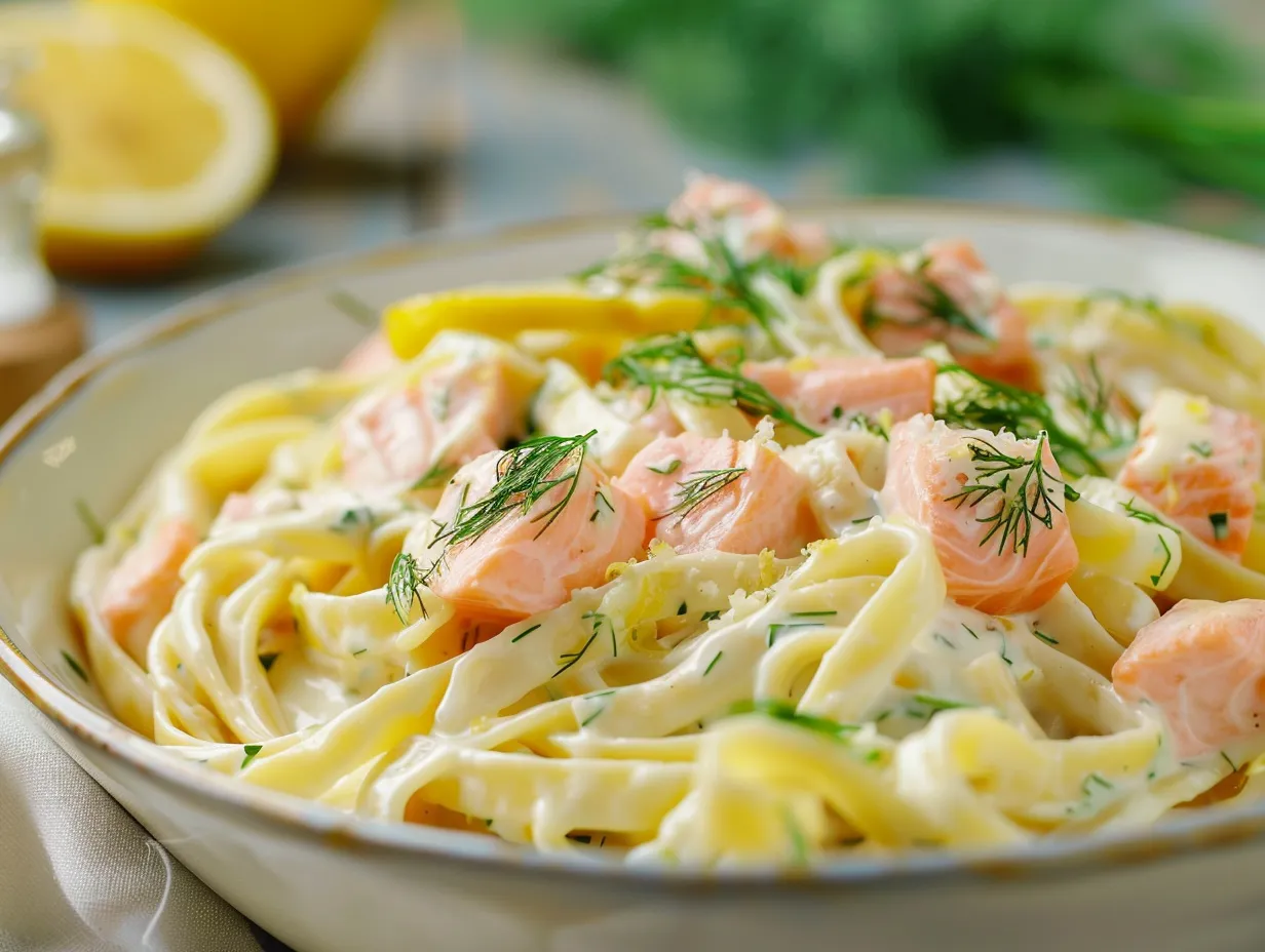 En närbild på krämig pasta med lax och citron toppad med färsk dill och citronskal serverad i en djup tallrik.