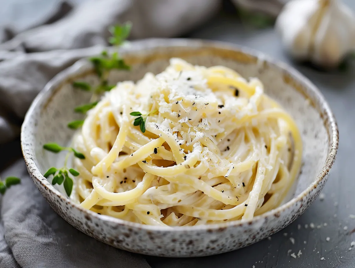 En närbild på en tallrik rykande varm pasta med ostsås och vitlök, toppad med nymalen svartpeppar och färska örter.