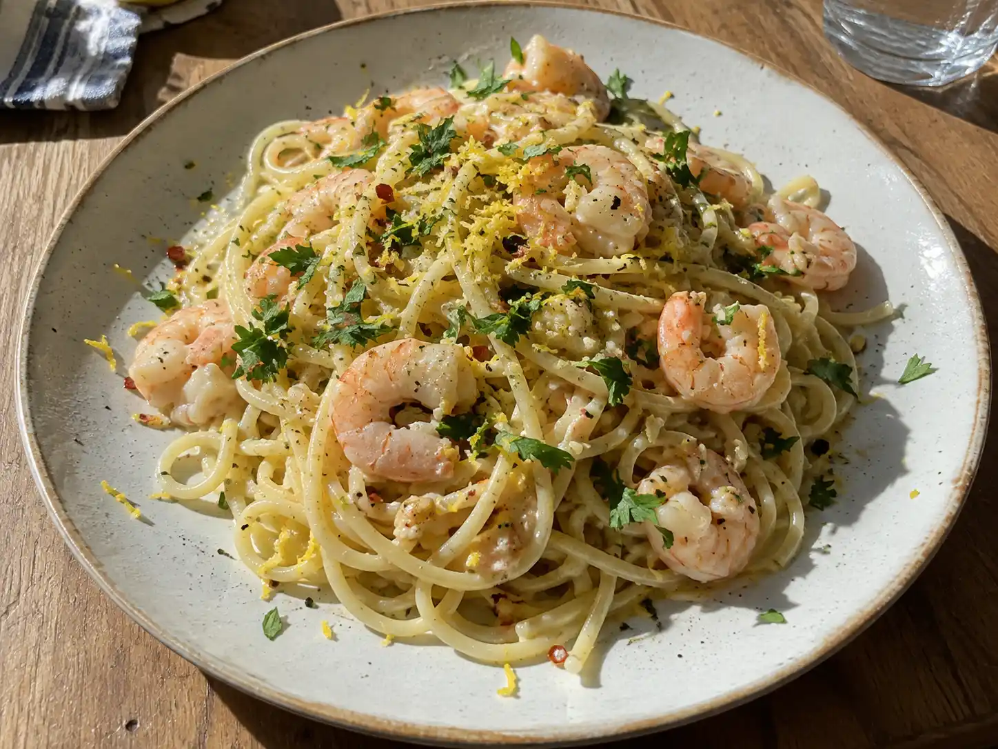 pasta med räkor i krämig citronsås med vitlök, persilja och chili serverad med spaghetti på tallrik