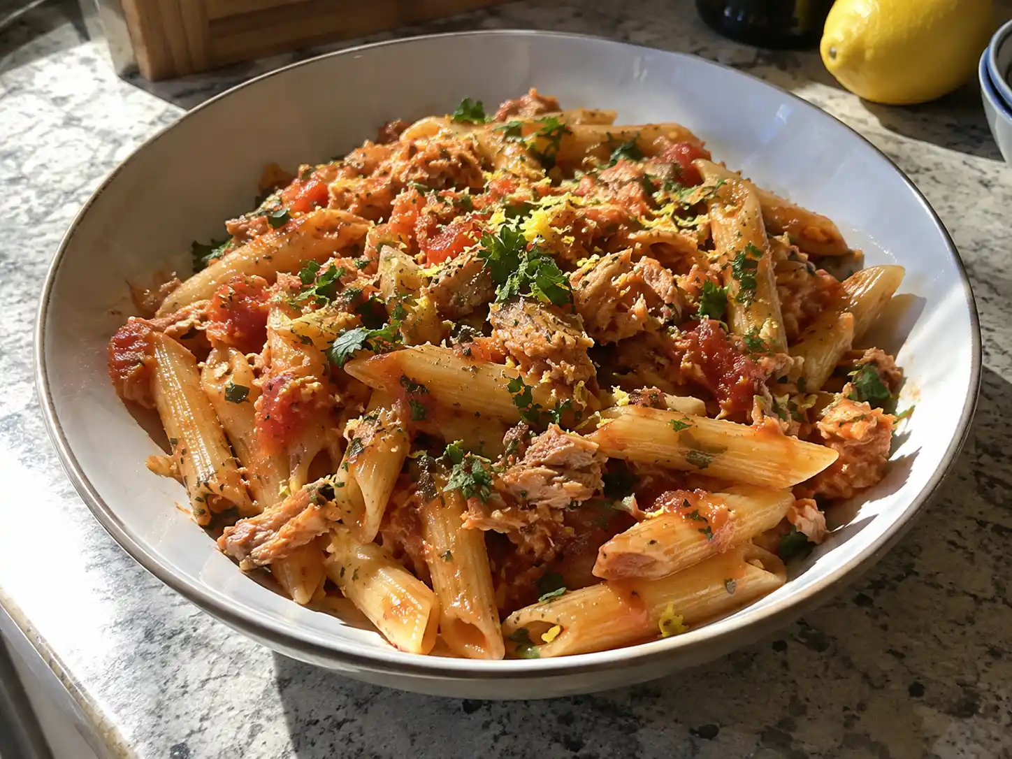 pasta med tonfisk i krämig tomatsås med persilja och citron serverad med penne på en ljus tallrik