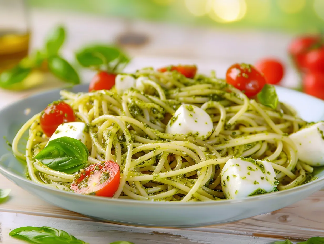 En närbild på en skål med pasta pesto mozzarella blandad med röda körsbärstomater och smält ost.
