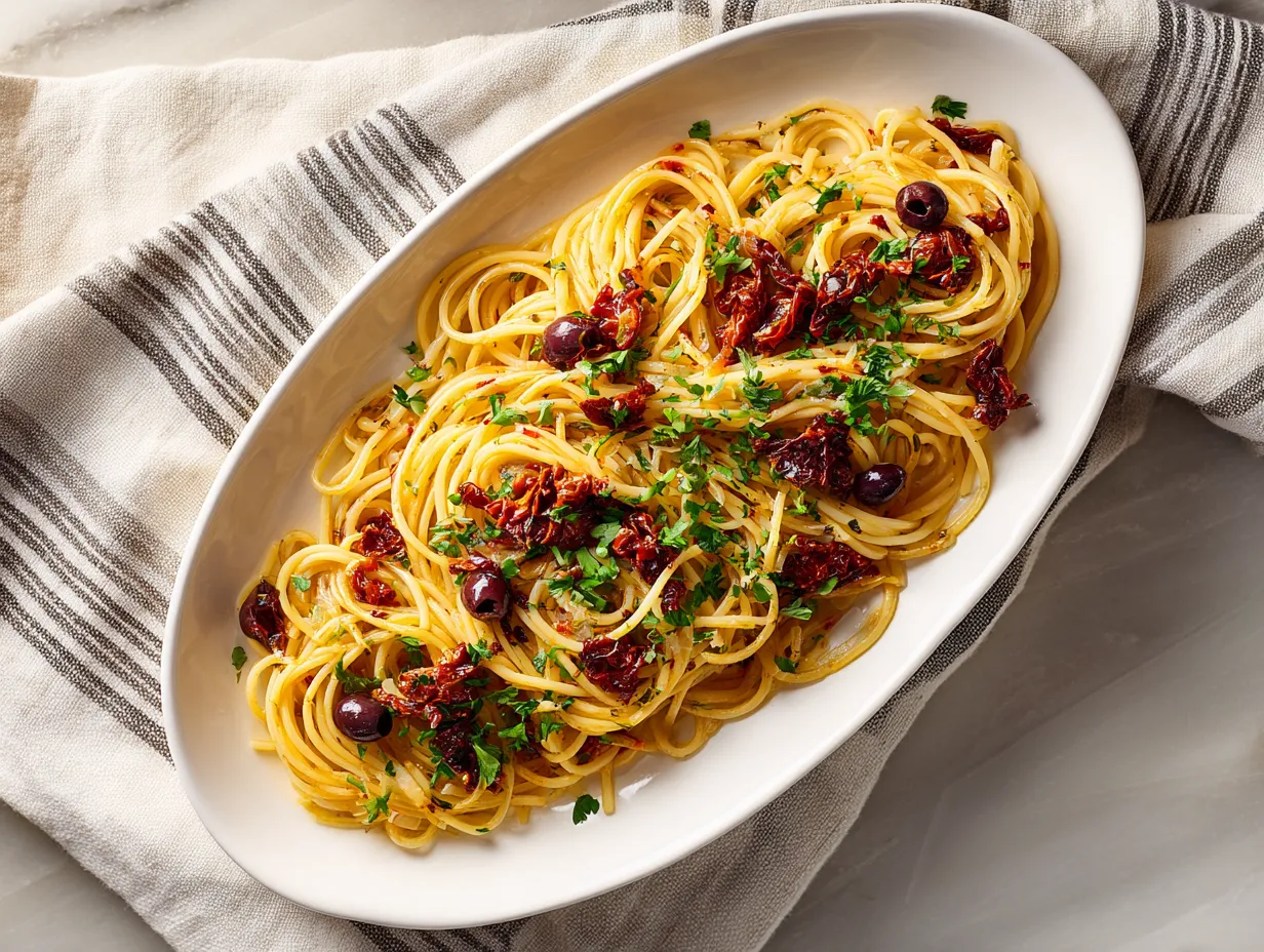 Pasta Puttanesca serverad med mustig tomatsås, svarta oliver och färsk persilja i en vacker skål.