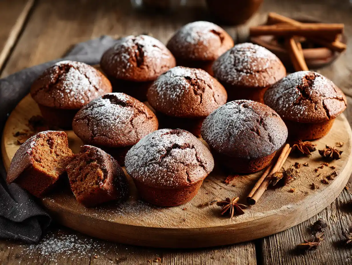 pepparkaksmuffins på ett träfat med bruna knapriga toppar och pudrat florsocker, naturligt dagsljus