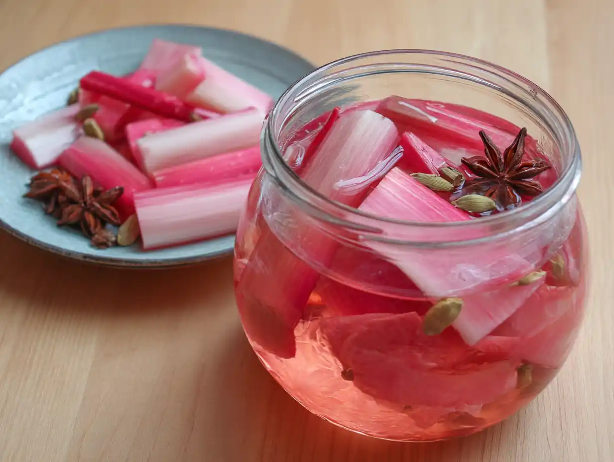 Picklad rabarber i glasburk med rosa bitar, ingefärsskivor och lag, naturligt sidoljus