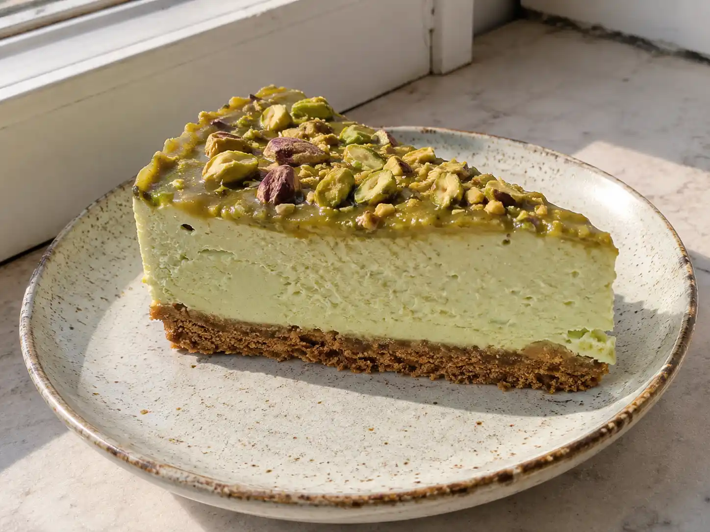 pistage cheesecake med krämig grön fyllning, digestivebotten och hackade pistagenötter på toppen