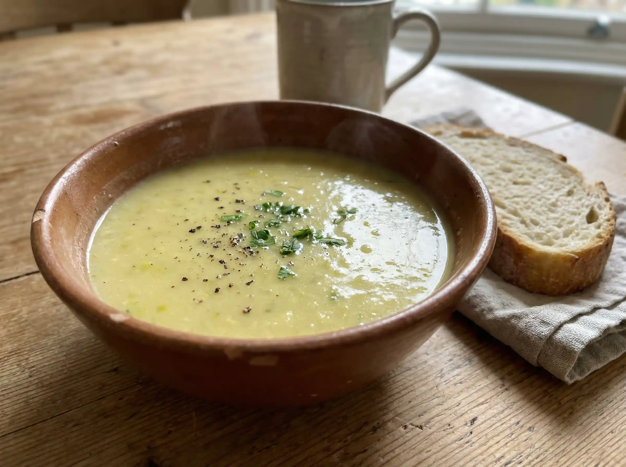 potatis och purjolökssoppa recept serverad i skål, krämig och toppad med persilja och svartpeppar.
