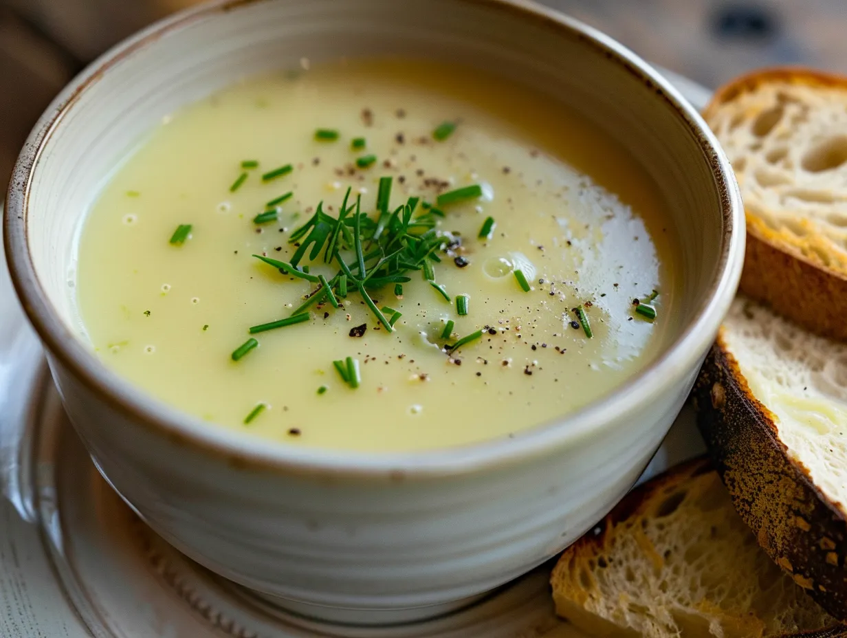 En närbild på en len potatis- och purjolökssoppa i en rustik skål toppad med färsk gräslök och nymalen svartpeppar bredvid en bit bröd.
