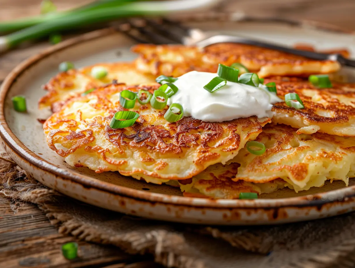 Nystekt frasig potatis pannkaka toppad med gräddfil och hackad gräslök på en rustik tallrik.