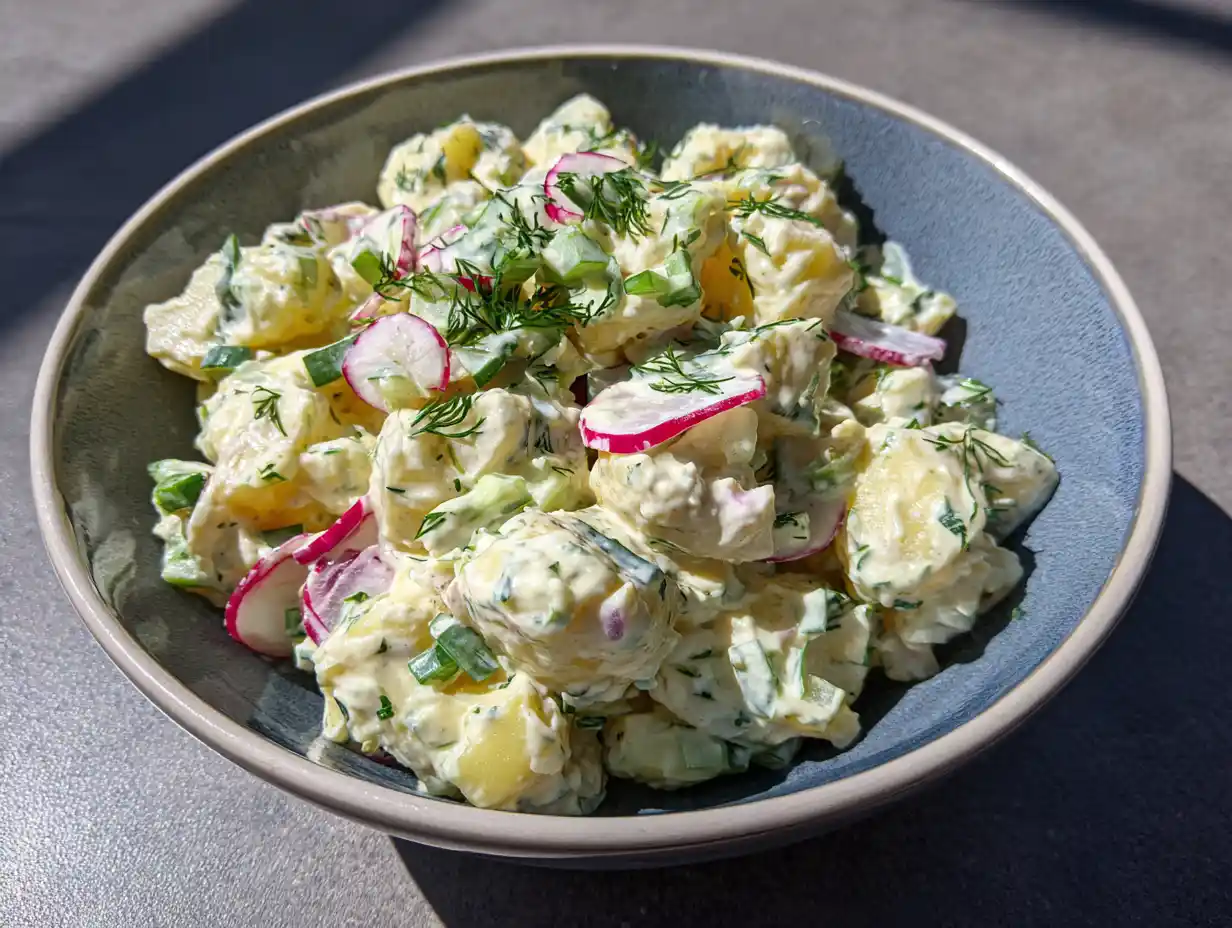 potatissallad färskpotatis i krämig dressing med dill, rädisor och rödlök i en enkel skål