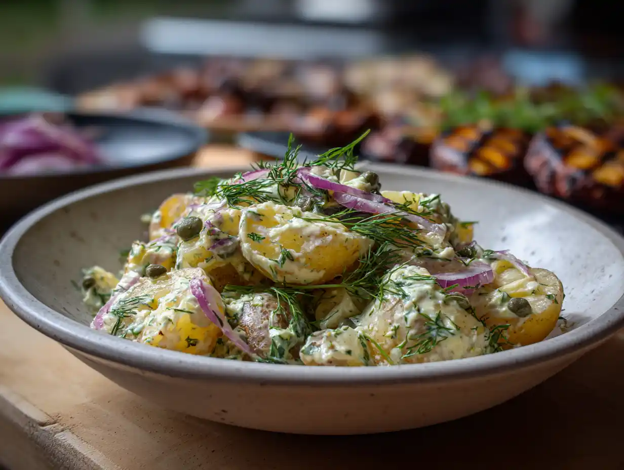 potatissallad till grillat i enkel skål med dill, rödlök och kapris, krämig men frisk bredvid somrig grillmiddag.