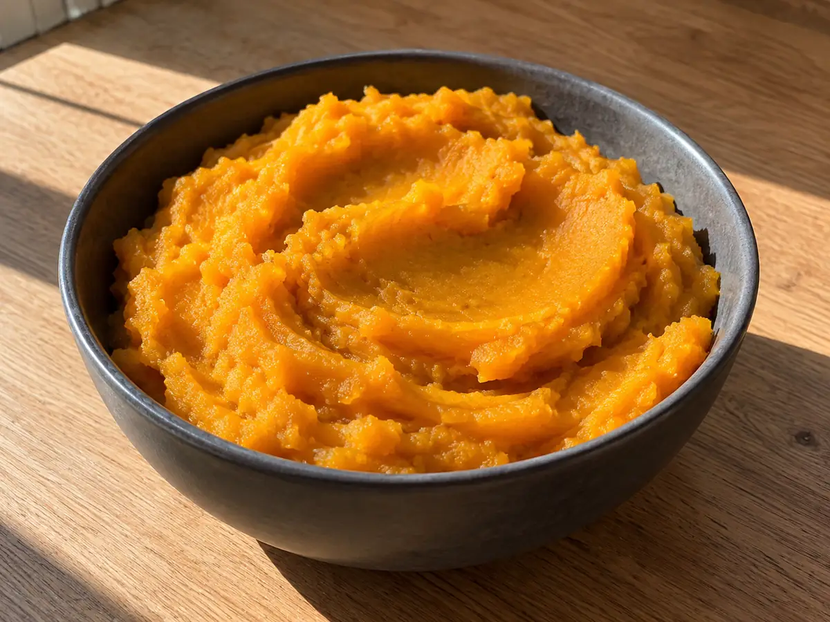 pumpapuré i en enkel skål med släta orange skedspår och tät konsistens, helt naturell utan topping eller garnering