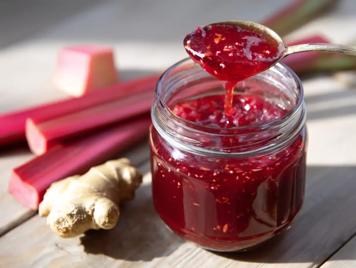Rabarber ingefära marmelad i glasburk med rosa-röd sylt och ingefärsbitar, naturligt sidoljus