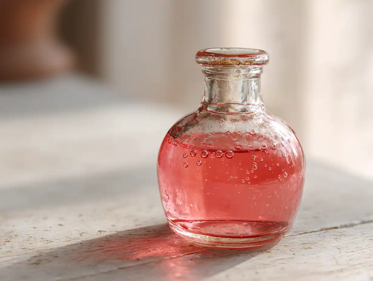 rabarber sirap i liten glasflaska med klar rosaröd ton och mjuk, glansig yta.