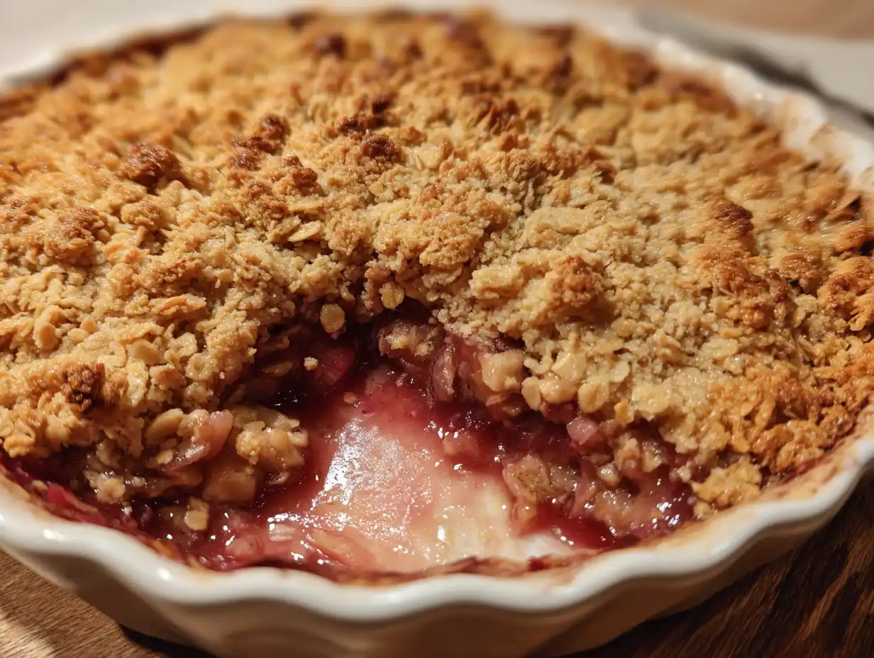 Rabarberpaj havregryn smulpaj med grovt havresmulor och rosa rabarberfyllning, nybakad