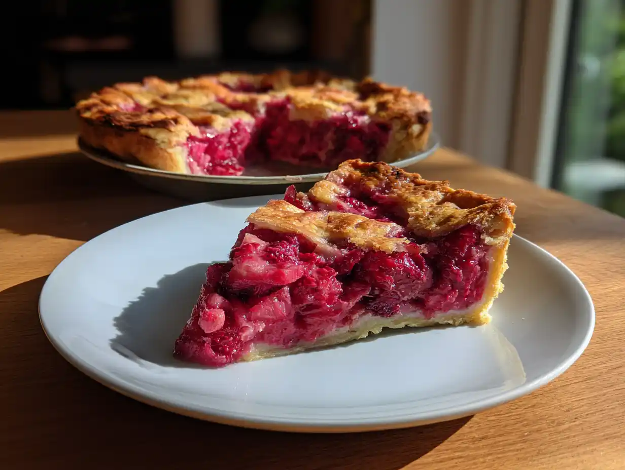 Rabarberpaj med hallon, djupröd fyllning syns under gyllenbrun smuldeg, nybakad i pajform