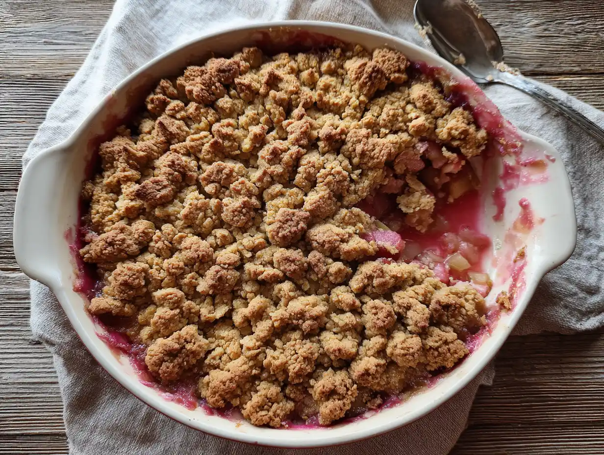 Rabarberpaj med smuldeg i form, krispig gyllenbrun smuldeg och rosa fyllning synlig i kanten