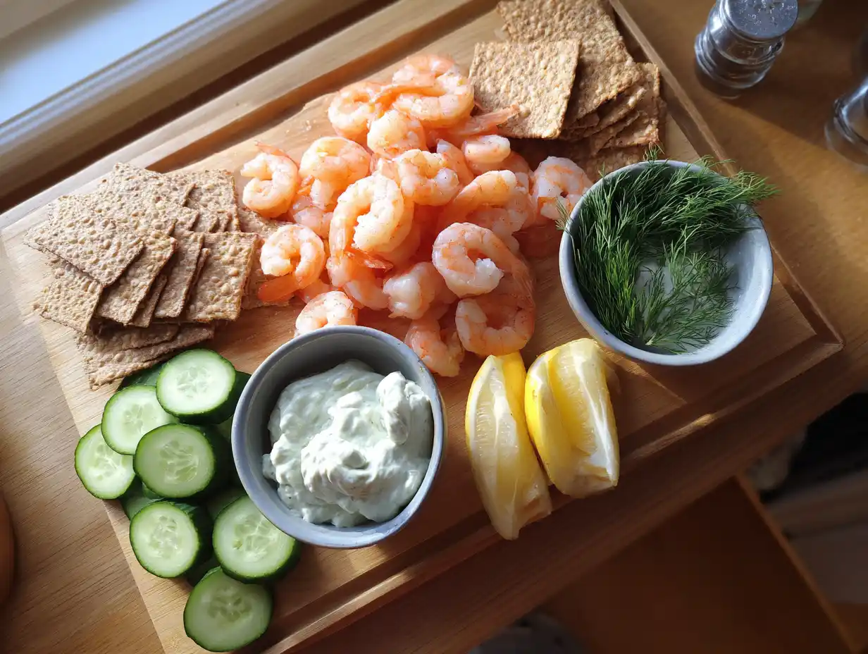 Räkor tillbehör – tre skålar med aioli, pepparrotsgrädde och citronmajonnäs bredvid räkor på bricka
