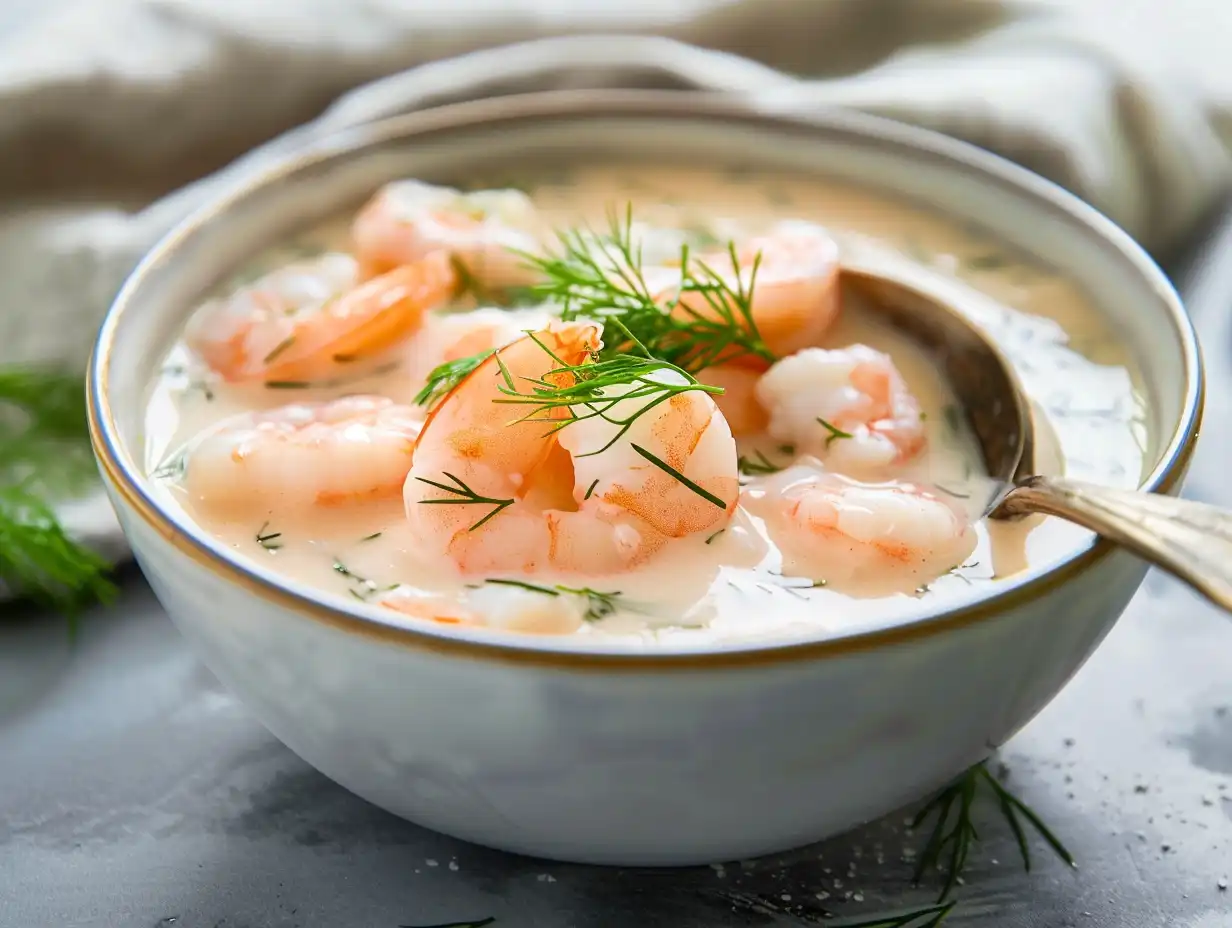 Räkstuvning till omelett, krämig sås med dill och räkor i kastrull redo att skedas upp.