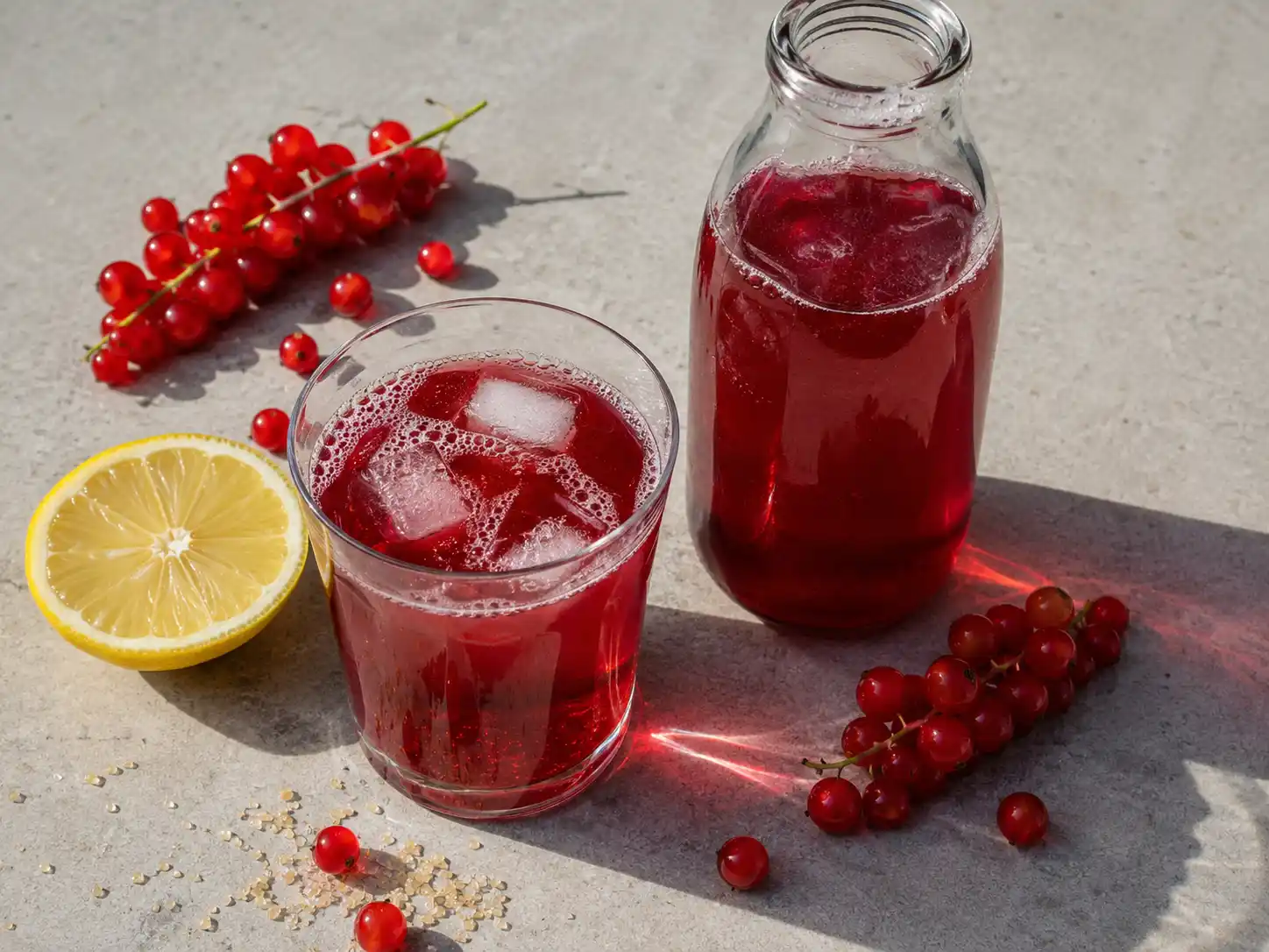 rårörd saft röda vinbär i glas med klar röd färg, is och några bär vid sidan