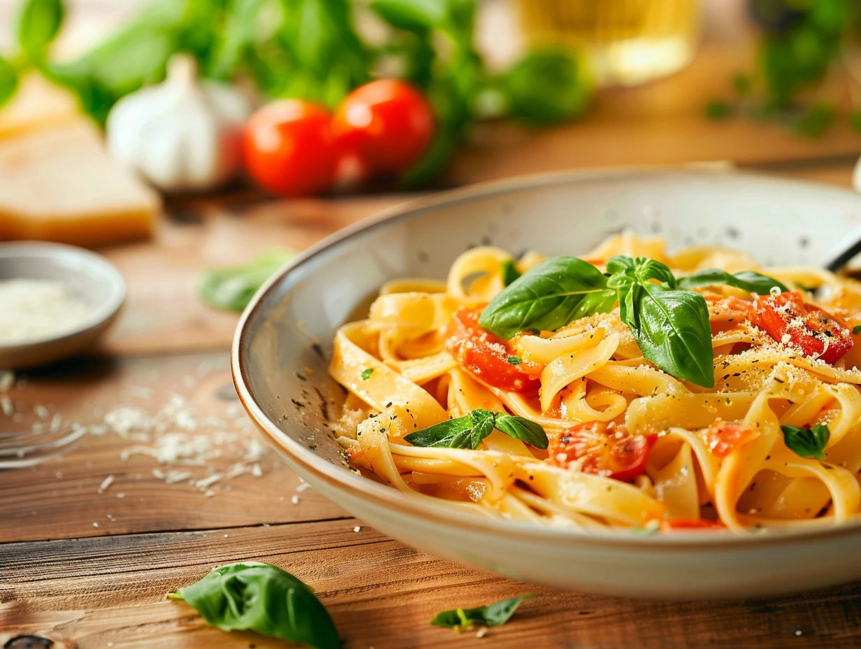 Enkla pasta med tomatsås och basilika