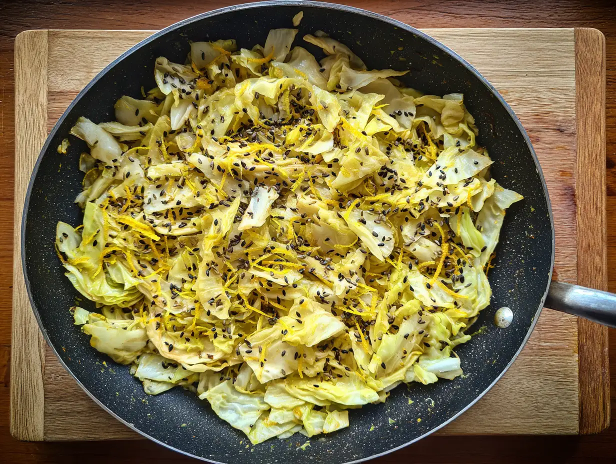 recept spetskål wokad med smör och kummin i stekpanna med citronskal och svartpeppar i naturligt ljus