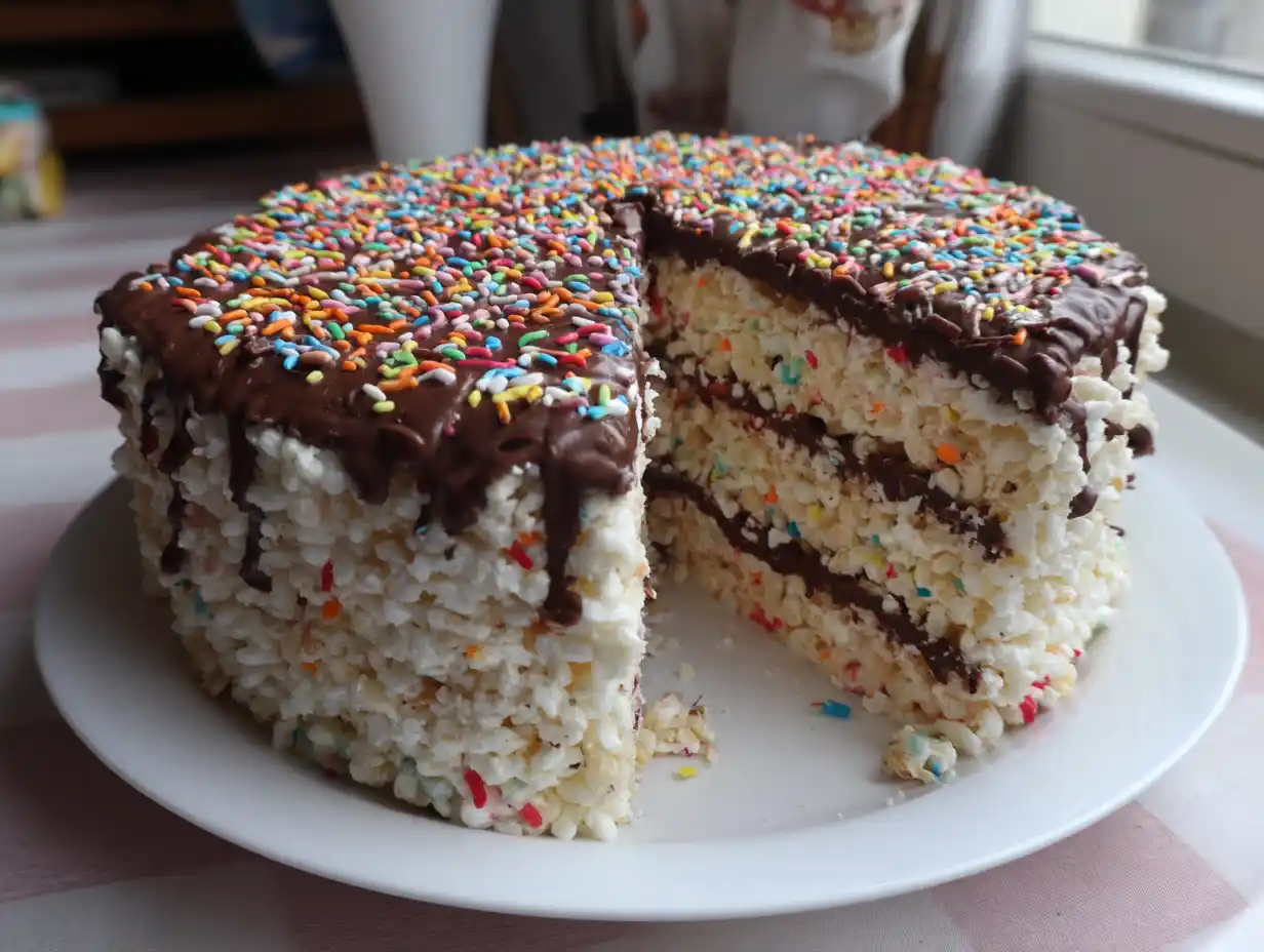Rice krispies tårta med chokladlager och vit smörkräm, krispig yta med strössel, hemgjord på kakfat