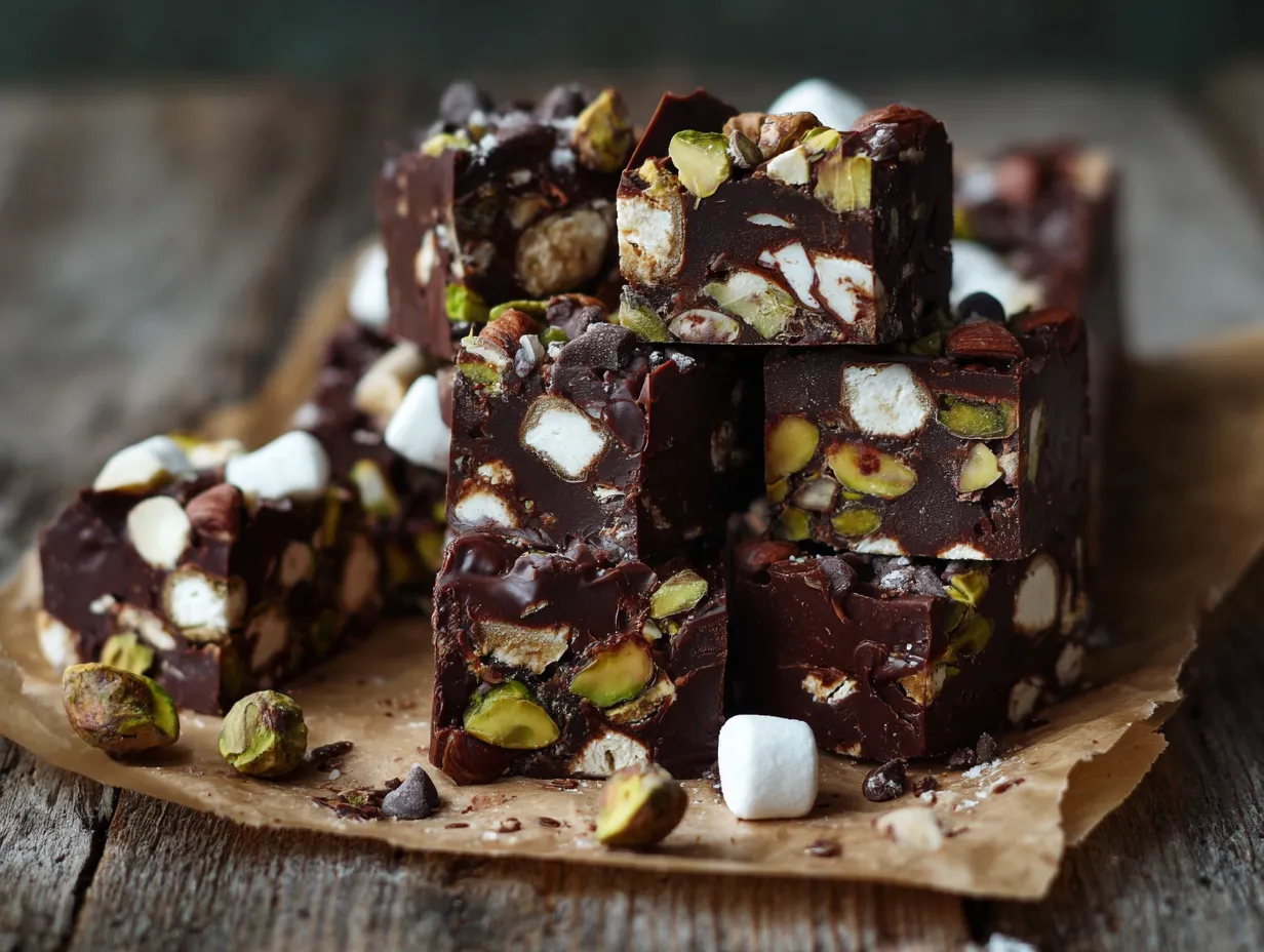 Rocky road julgodis i bitar fyllda med marshmallows, nötter och dumle som ligger upplagda på ett rustikt träbord.